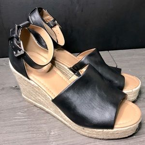 Black Ankle Strap Platform Wedge Espadrilles